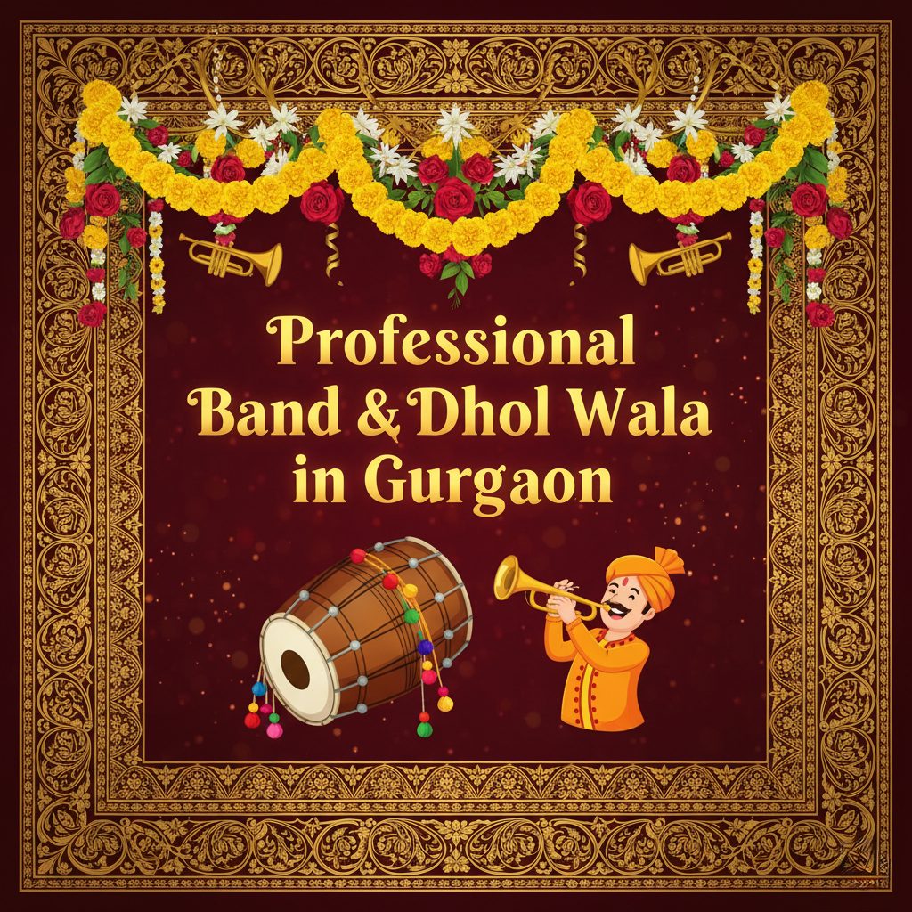 Ornate maroon and gold banner decorated with floral garlands, featuring a cartoon dhol drummer and trumpet player alongside the text 'Professional Band & Dhol Wala in Gurgaon