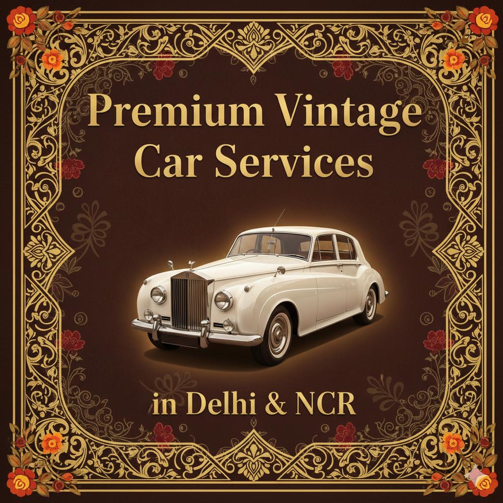 Decorative brown and gold banner with ornate floral borders, featuring a classic white vintage car and the text 'Premium Vintage Car Services in Delhi & NCR