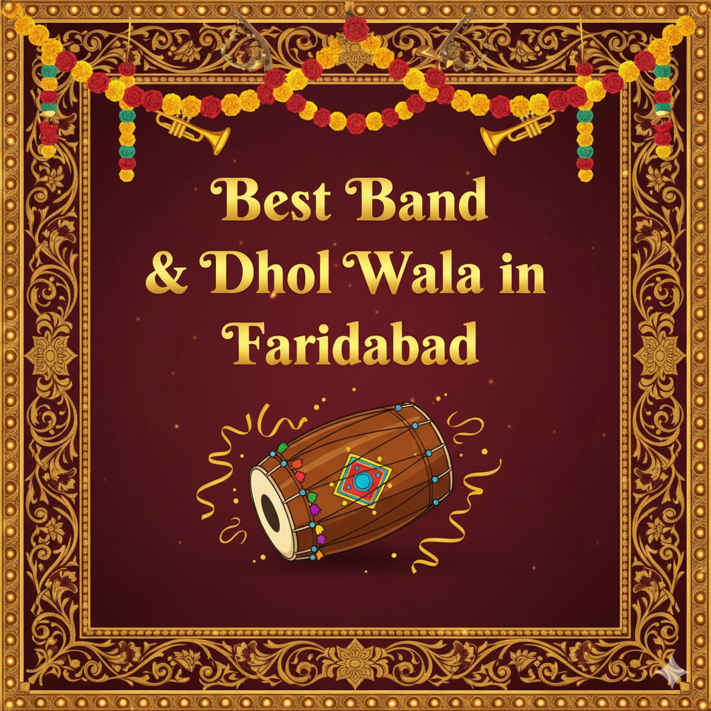 Decorative maroon and gold wedding banner with floral garlands and trumpets, displaying the text 'Best Band & Dhol Wala in Faridabad' above an illustrated dhol drum.