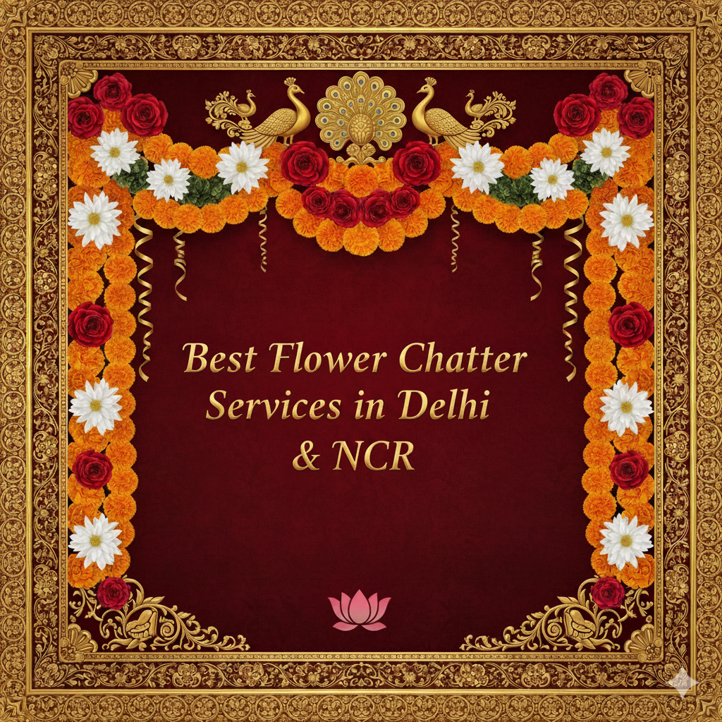 Ornate maroon and gold banner with floral garlands, peacocks, and lotus motif, displaying the text 'Best Flower Chatter Services in Delhi & NCR'.