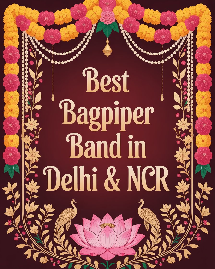 Decorative maroon and gold banner with floral garlands and peacock motifs displaying the text 'Best Bagpiper Band in Delhi & NCR'