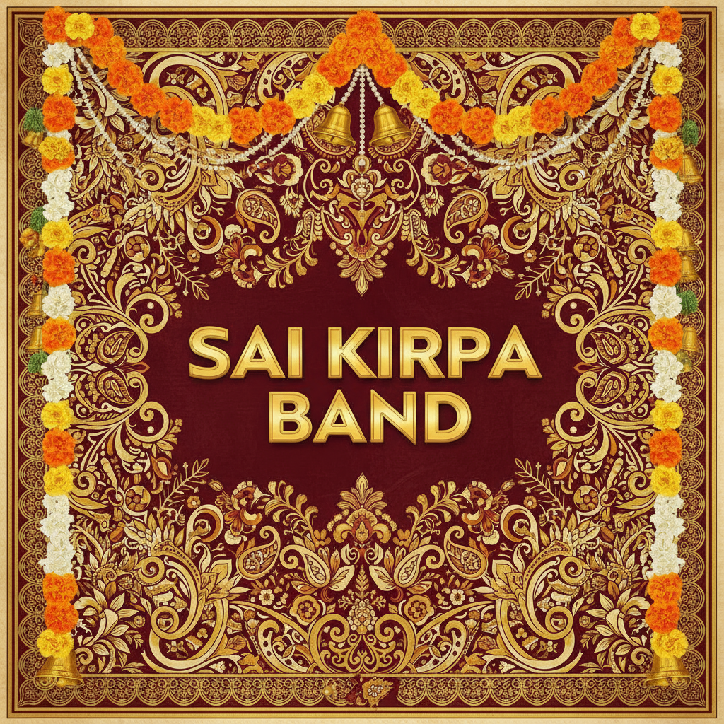 Ornate maroon and gold wedding banner with floral garlands, traditional decorative bells, and large text reading 'SAI KIRPA BAND' in the center.
