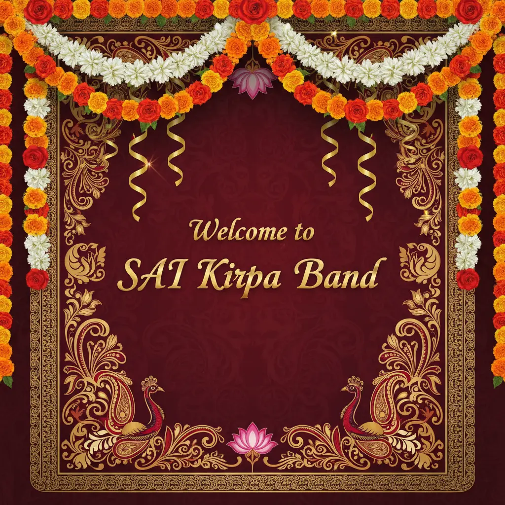 Decorative maroon and gold wedding banner with flower garlands, peacock designs, and text reading 'Welcome to SAI Kirpa Band'.