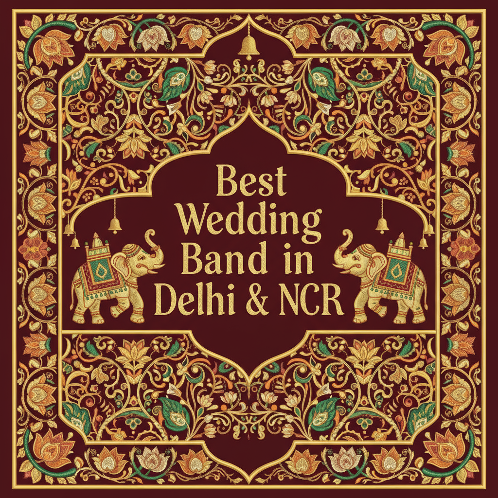 Ornate maroon and gold banner with intricate floral and paisley designs, two decorated elephants, and the text 'Best Wedding Band in Delhi & NCR' in the center