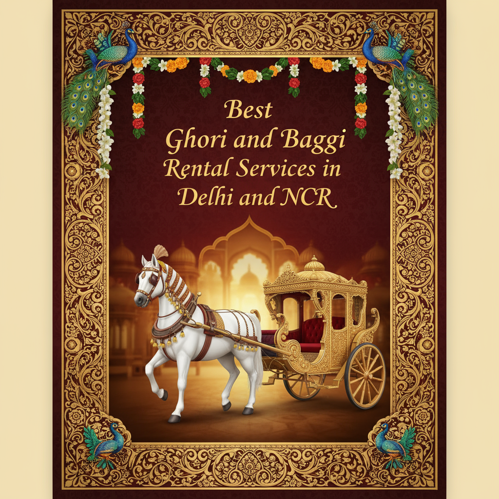 Decorative maroon and gold banner with floral garlands, peacocks, and ornate border showing an illustration of a white horse pulling a vintage golden baggi carriage, with text 'Best Ghori and Baggi Rental Services in Delhi and NCR