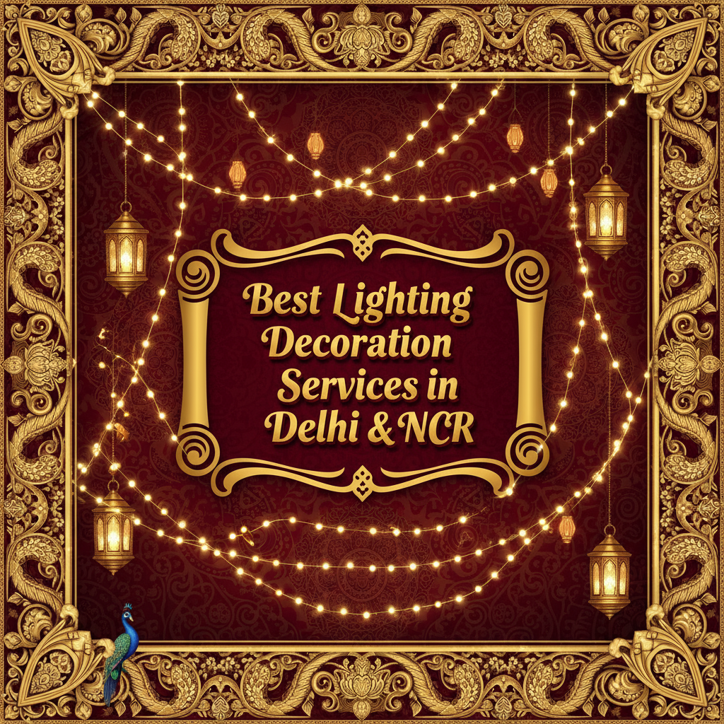 Ornate maroon and gold banner featuring strings of decorative golden lights and lanterns, with the text 'Best Lighting Decoration Services in Delhi & NCR' in the center