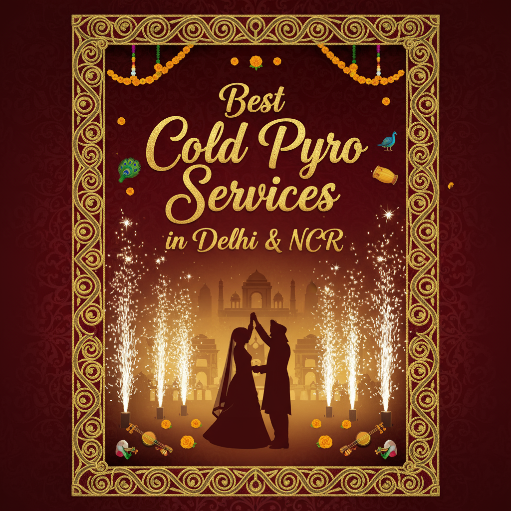 Ornate maroon and gold wedding banner with floral designs, featuring text 'Best Cold Pyro Services in Delhi & NCR' and a silhouette of a bride and groom celebrating amid sparkling cold pyro fireworks.