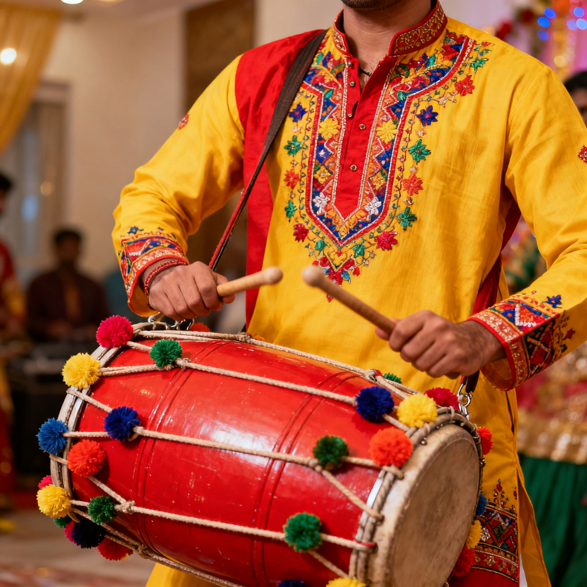Person in colorful traditional attire playing a vibrant Punjabi dhol drum at a wedding celebration.