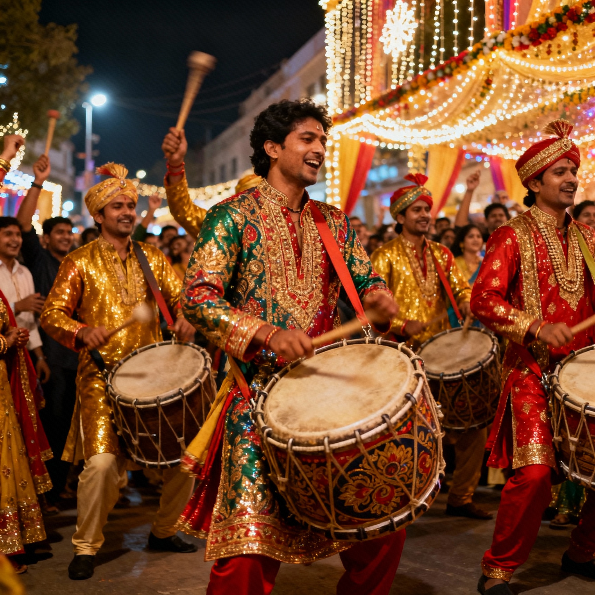 A group of wedding drummers in colorful traditional attire performing in a lively nighttime procession with festive lights.