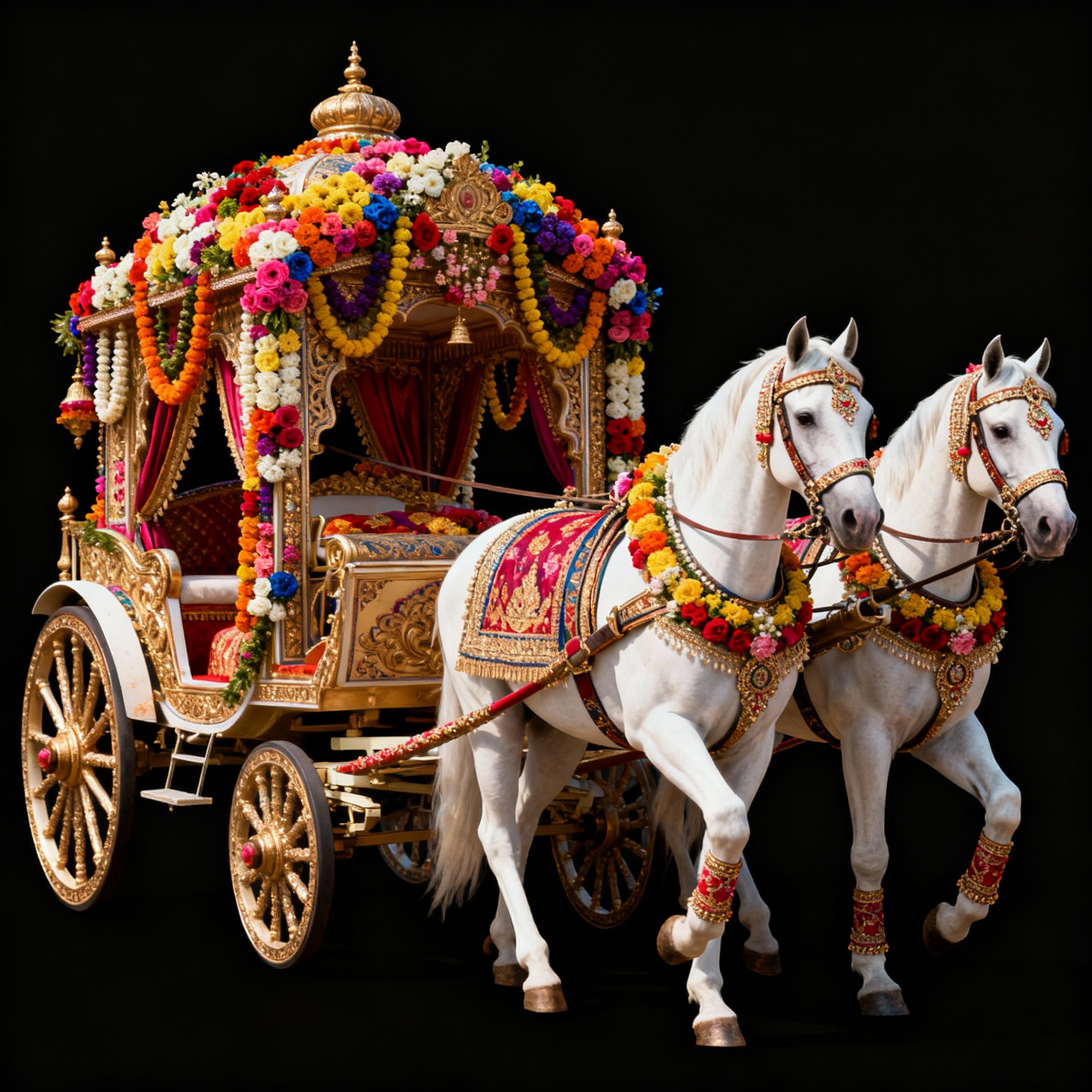 A beautifully decorated wedding carriage pulled by two white horses adorned with floral garlands, set against a black background.